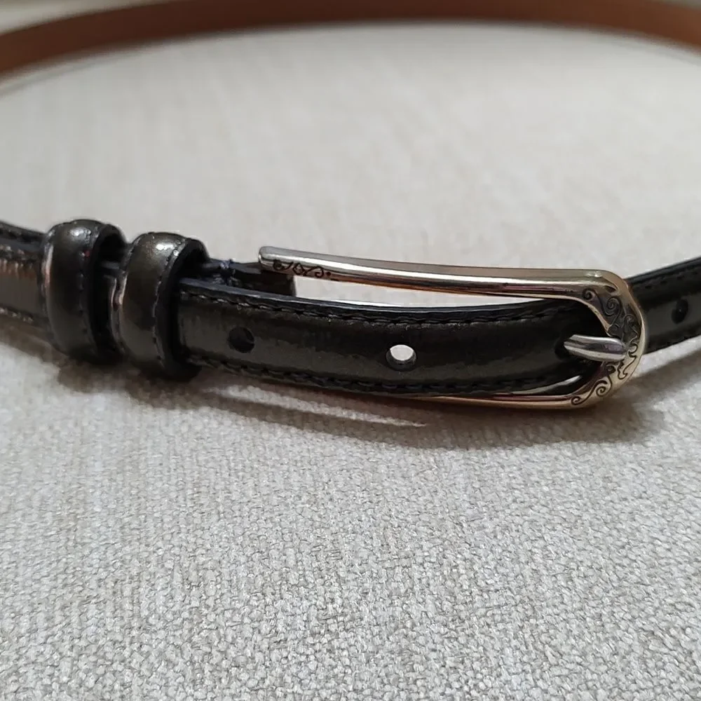 Brighton Thin Patent Leather Belt in Gunmetal Gray Silver Etched Buckle